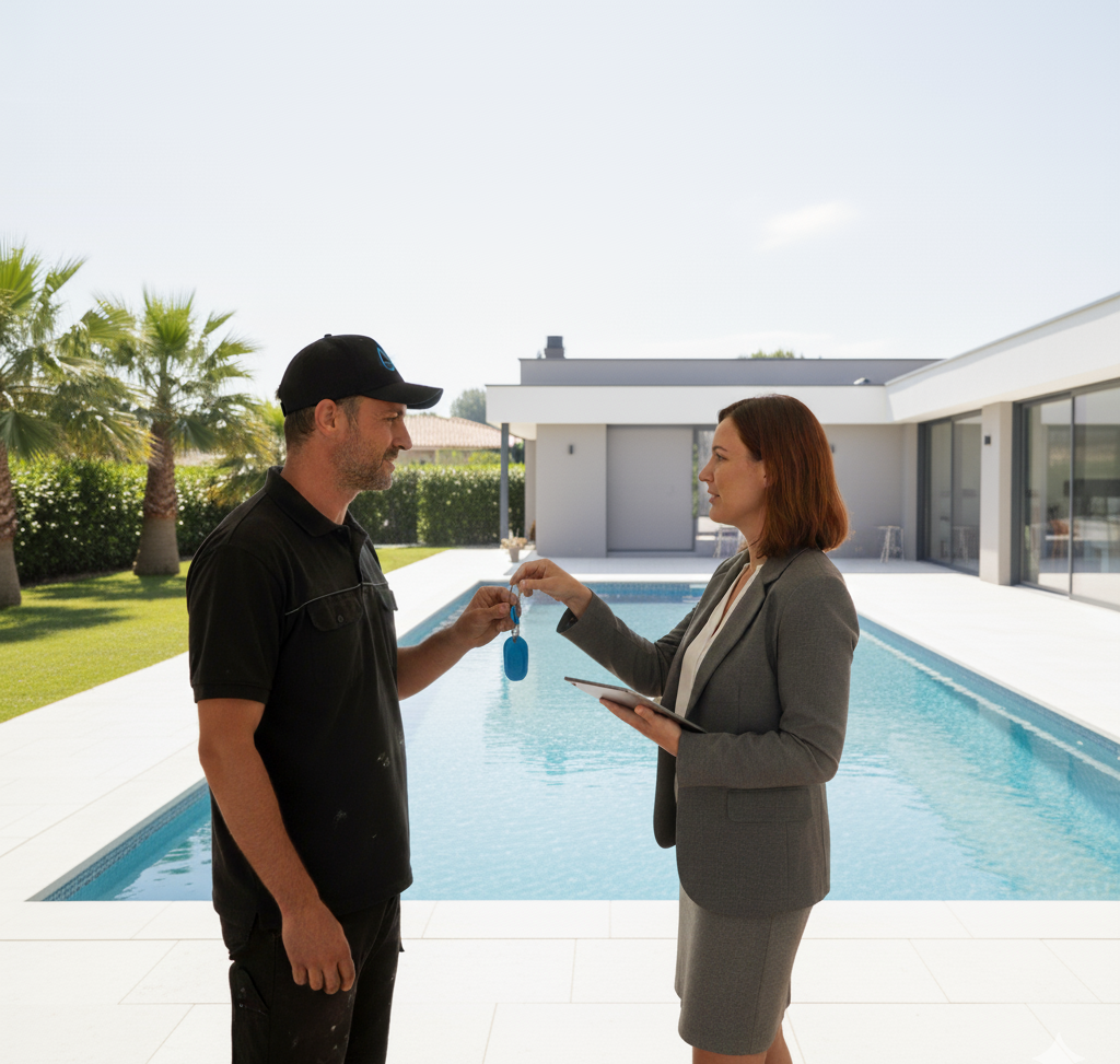 Remise de clés entre gestion locative et technicien piscine